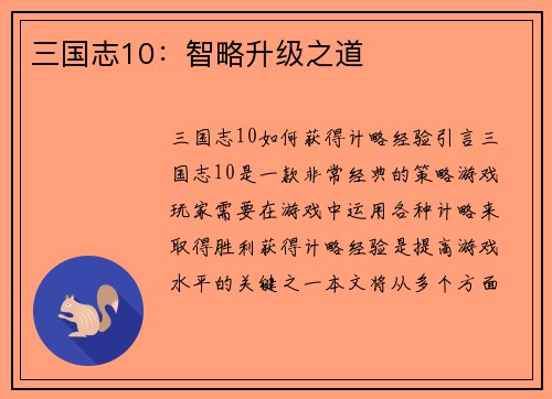 三国志10：智略升级之道