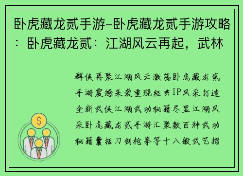 卧虎藏龙贰手游-卧虎藏龙贰手游攻略：卧虎藏龙贰：江湖风云再起，武林至尊争霸